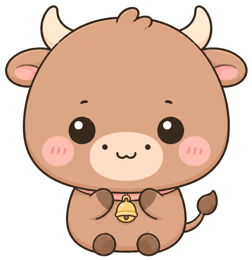 BullKawa, a chubby kawaii bull with a gold bell collar